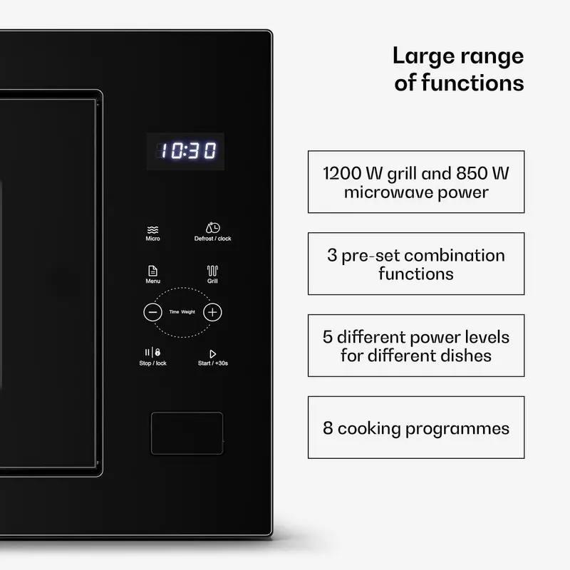 Klarstein Magnetron Velaire inbouwmagnetron met grill – 25 l, 850 W & 1200 W grill, 8 programma's, touchbediening, roestvrij staal, inbouwmagnetron, zwart - 25L - voor Keuken - Timer - RVS - Aluminium glas Display - Microwave