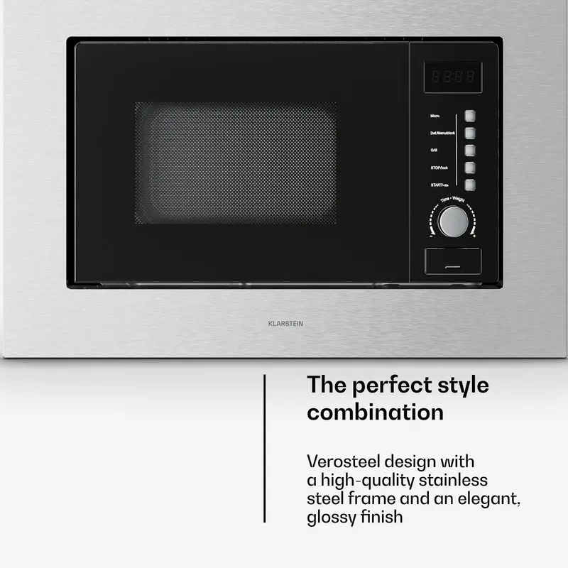 Klarstein Magnetron Verosteel inbouwmagnetron met grill – 20 l, 700 W & 800 W grill, 8 programma's, touchbediening, roestvrij staal, geïntegreerde magnetronoven - 20L - voor Keuken - Timer - RVS - glas Display - Microwave