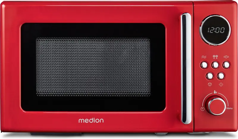 MEDION retro magnetron (20 liter, ca. 800 watt, 5 magnetronstanden, digitaal display, ontdooifunctie, compact) rood