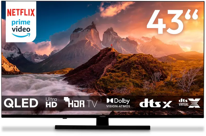 MEDION 108 cm (43") QLED TV (Google TV, 4K, Dolby Vision HDR, Netflix, Prime Video, Disney+, Dolby Atmos, DTS X, Smart TV, PVR, Bluetooth, MD 843700)