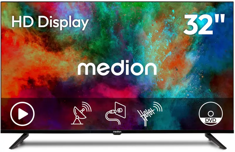 MEDION 80 cm 32" HD TV met DVD speler Triple Tuner DVB-T2 HD DVB-C DVB-S2 2x HDMI USB hoofdtelefoonaansluiting AV in mediaspeler CI+, MD832003