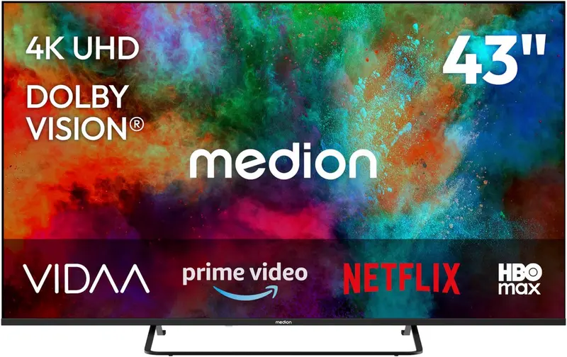 MEDION 108 cm (43 Zoll) Fernseher (Smart-TV, Dolby Vision HDR, HBO Max, MagentaTV, Prime Video, Disney+, DAZN, Paramount+, Dolby Atmos, VIDAA Store, PVR, Bluetooth, MD 843302)