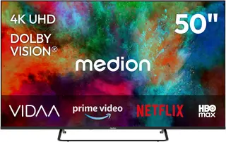 MEDION 125.7 cm 50" Ultra HD TV Smart TV Dolby Vision HDR Dolby Atmos VIDA Store Prime Video Disney+ DAZN HbbTV PVR Bluetooth HD+, MD850302
