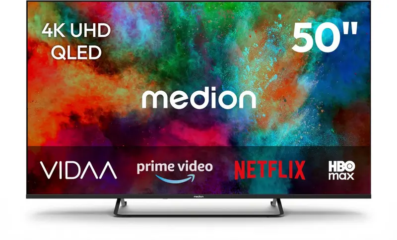 MEDION 125.7 cm 50" QLED Ultra HD TV Smart TV Dolby Vision HDR Dolby Atmos VIDA Store Prime Video Disney+ DAZN HbbTV PVR Bluetooth HD+, MD850602