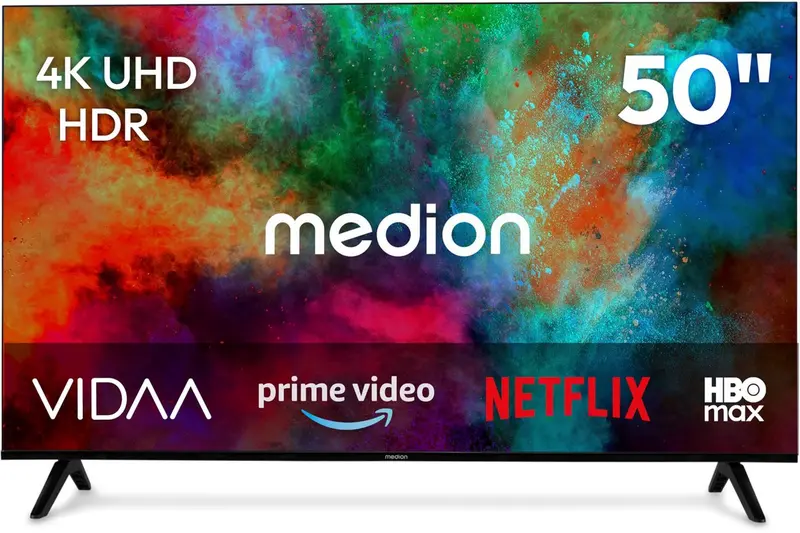 MEDION 125.7 cm 50" Ultra HD TV Smart TV HDR10 VIDA Store Prime Video Disney+ DAZN HbbTV PVR Bluetooth HD+, MD850201