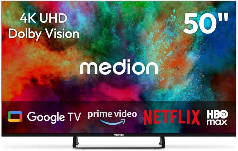 MEDION 125.7 cm 50" Ultra HD TV Smart TV 4K Dolby Vision HDR Prime Video Disney+ Compatibel met Google TV PVR Bluetooth, MD850401 | Dolby Vision HDR, Prime Video, Disney+, kompatibel mit Google TV, PV