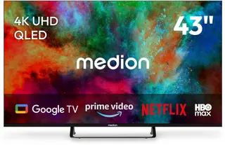 MEDION 108 cm 43" QLED TV Smart TV 4K Dolby Vision HDR Prime Video Disney+ Compatibel met Google TV PVR Bluetooth, MD843701 | Dolby Vision HDR, Prime Video, Disney+, kompatibel mit Google TV, PVR, Blu