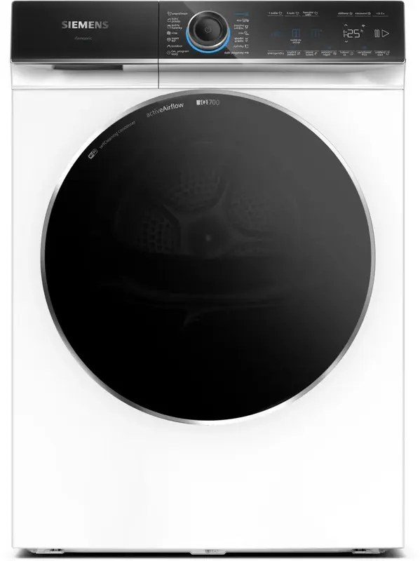 Siemens WR47B2C40, Vrijstaand, Voorlader, Warmtepomp, Wit, Draaiknop, Touch, Rechts
