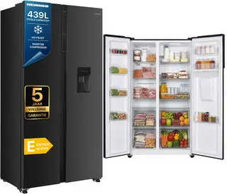 Heinner HSBS-H439NFBKWDE++ Amerikaanse Side-by-Side Koelkast met Waterdispenser – 439 L – Full No Frost – LED Touch Display – Smart Eco Functie – Zwart – 5 Jaar Garantie