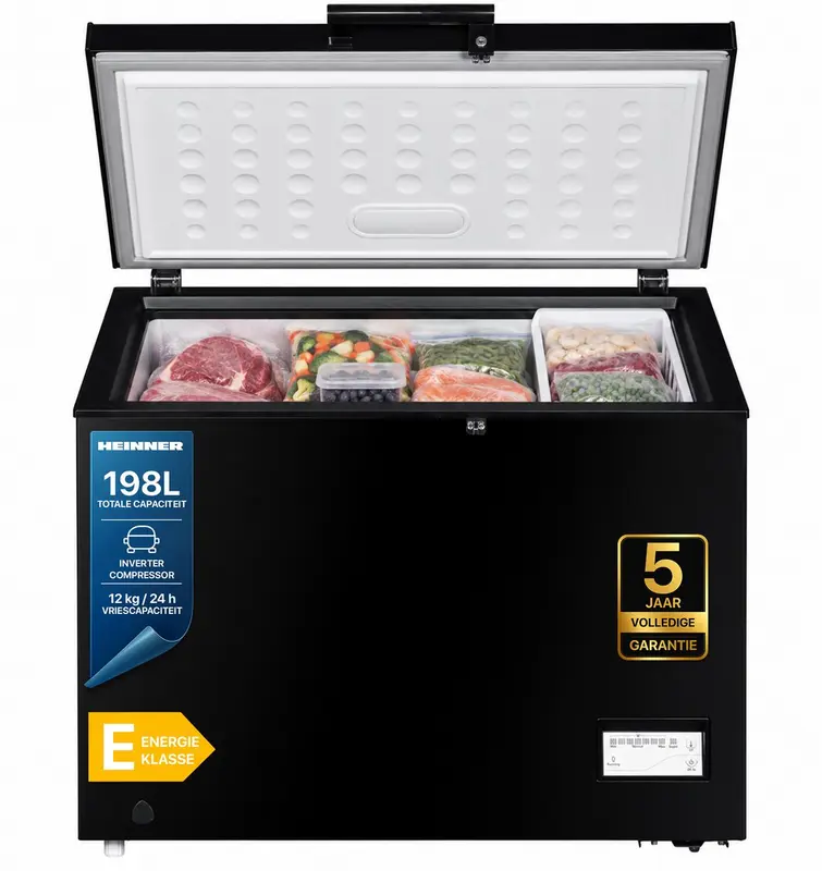 Heinner HCF-205NHBKE++ Vrieskist – 198 L – Inverter Compressor – Elektronische Bediening – Waterbestendig Display – Snelvriesfunctie – Zwart – 5 Jaar Garantie