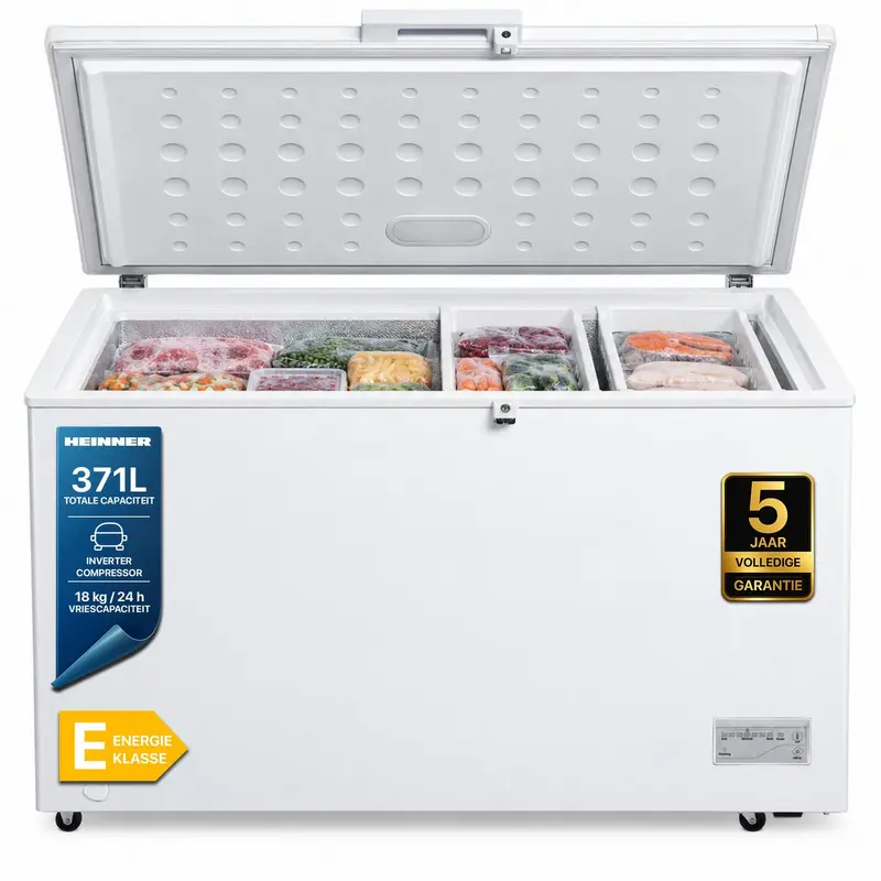 Heinner HCF-HM371CE++ Vrieskist – 371 L – Snelvriesfunctie – Waterbestendig Display – LED-verlichting – Met Wieltjes – Wit – 5 Jaar Garantie