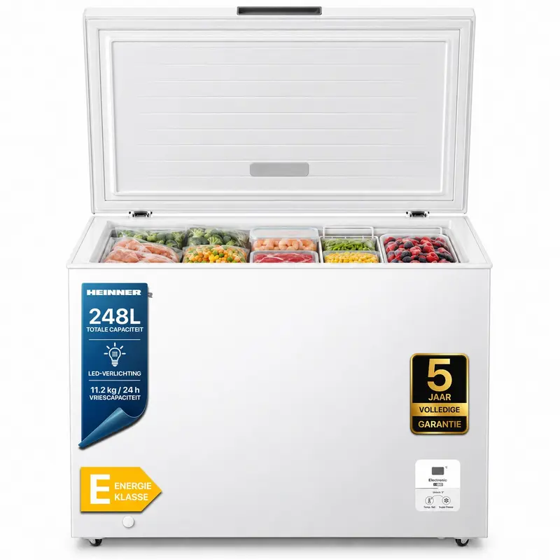 Heinner HCF-HS248EE++ Vrieskist – 248 L – Elektronische Bediening – LED-verlichting – Supervriesfunctie – Kinderslot – Wit – 5 Jaar Garantie