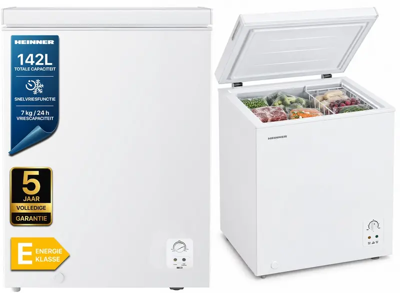 Heinner HCF-HS142E++ Vrieskist – 142 L – Snelvriesfunctie – Mechanische Bediening – Inclusief 1 Mand – Wit – 5 Jaar Garantie