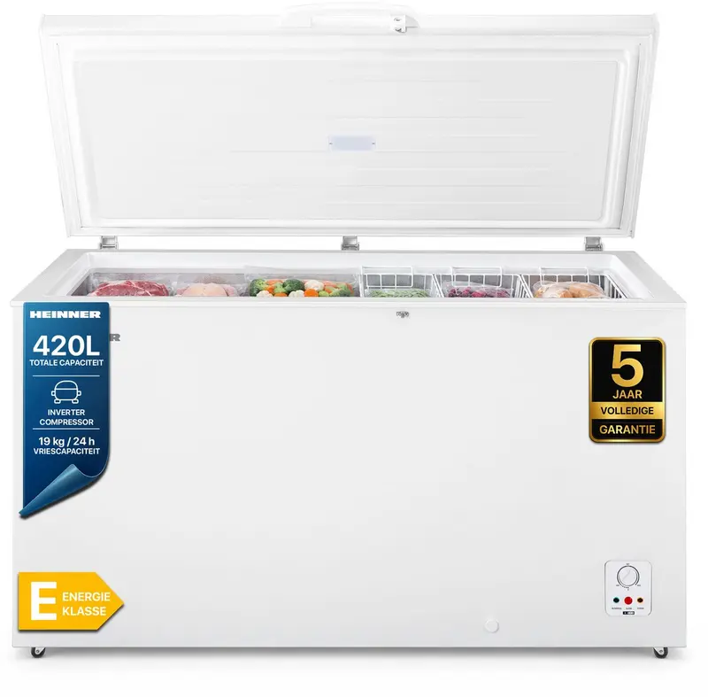 Heinner HCF-HS420E++ Vrieskist – 420 L – Instelbare Mechanische Thermostaat – Inverter Compressor – Vergrendelbaar – Wit – 5 Jaar Garantie