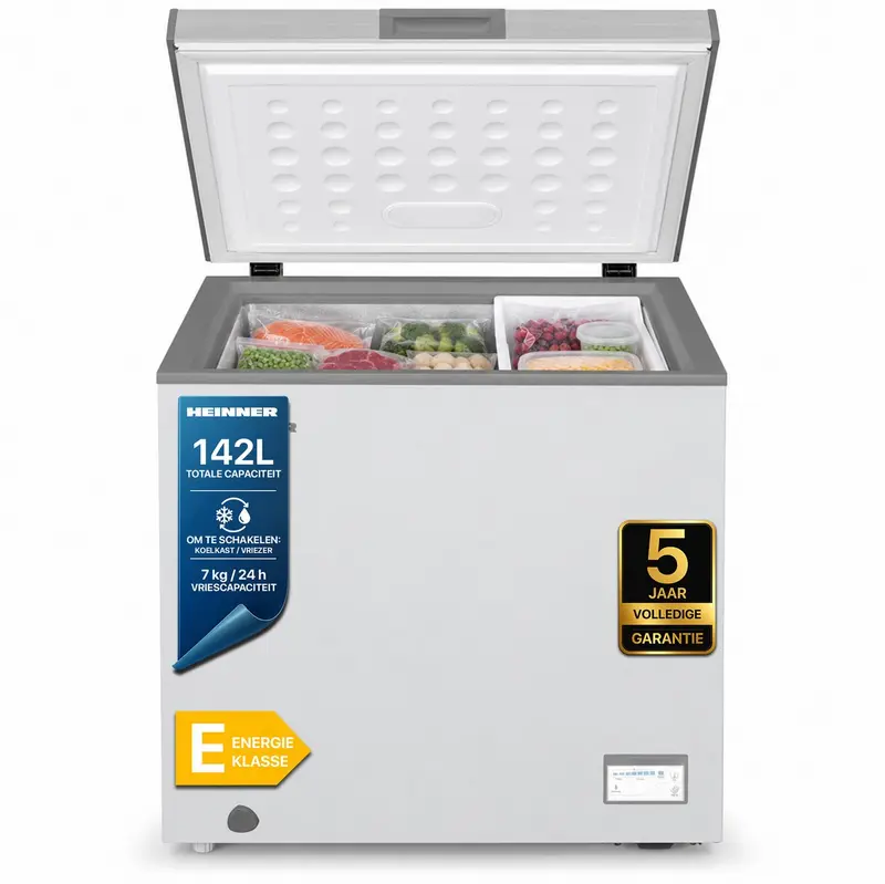 Heinner HCF-HM145CSE++ Vrieskist – 142 L – Convertible (Vriezer/Koelkast) – Snelvriesfunctie – Waterbestendig Display – Zilver – 5 Jaar Garantie