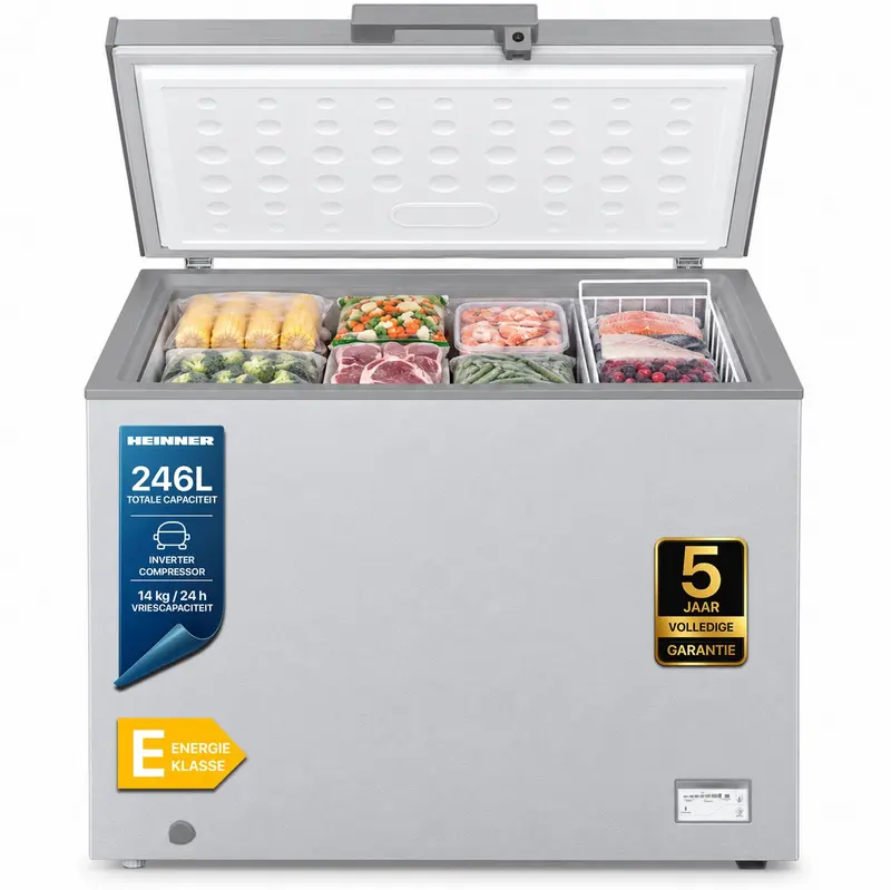 Heinner HCF-HM246CSE++ Vrieskist – 246 L – Convertible (Koelkast/Vriezer) – Elektronische Bediening – Inverter Compressor – Zilver – 5 Jaar Garantie