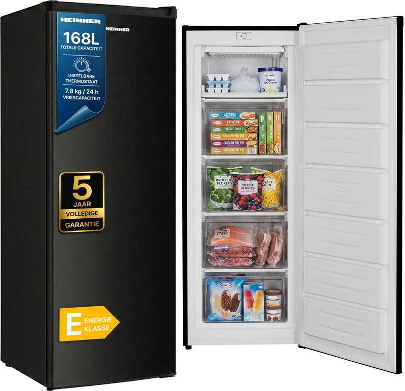Heinner HFF-HM168BKE++ Vriezer – 168 L – Instelbare Mechanische Thermostaat – Energieklasse E – Omkeerbare Deur – Zwart – 5 Jaar Garantie