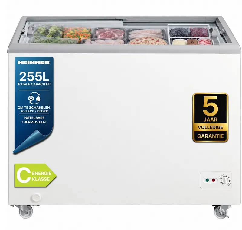 Heinner HSF-M255WHC Vrieskist – 255 L – Schuifglasdeksel – Convertible (Vriezer/Koelkast) – Mechanische Bediening – Wit – 5 Jaar Garantie