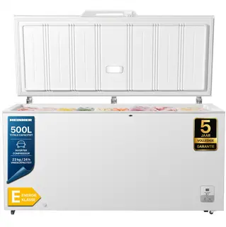 Heinner HCF-HS500EE++ Vrieskist – 500 L – LED-display – Inverter Compressor – Supervriesfunctie – Vergrendelbaar Handvat – Wit – 5 Jaar Garantie