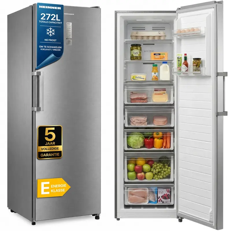 Heinner HFF-M272NFCXE++ Vrieskast – 272 L – No Frost – Convertible Koel-/Vriesfunctie – LED Display – Super Cooling & Freezing – RVS – 5 Jaar Garantie