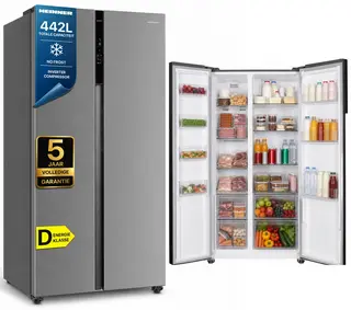 Heinner HSBS-HM442NFINVXD Amerikaanse Side-by-Side Koelkast – 442 L – Full No Frost – LED Touch Display – Smart Eco Functie – RVS – 5 Jaar Garantie