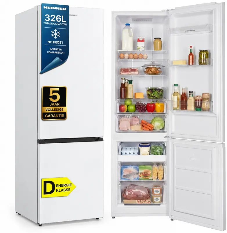 Heinner HCNF-HM326INVD Koel-vriescombinatie Wit 326 L – No Frost – Elektronische Bediening met Display – Supervriezen – Vrijstaand – 5 Jaar Garantie