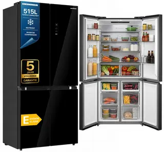 Heinner HSBS-M515MDINVHGBKE++ American Side-by-Side Koelkast 515 L – No Frost – Inverter – Super Freezing – InoxCool-technologie – Zwart Glas – 5 Jaar Garantie