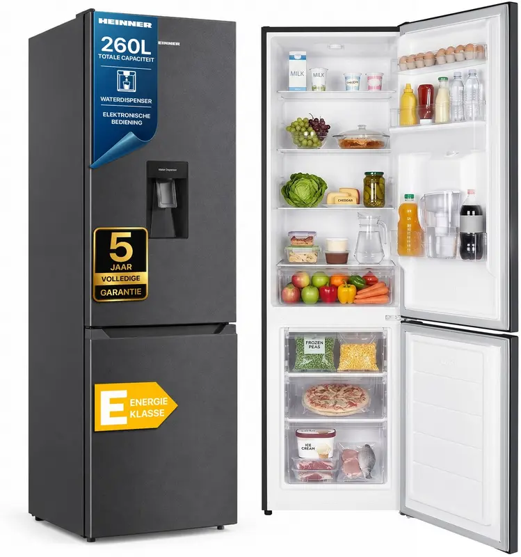 Heinner Koel-vriescombinatie 260L met Waterdispenser - Vrijstaand - Vingerafdrukbestendige Afwerking - Antracietgrijs - Energielabel E - 180 cm - 40 dB - Omkeerbare Deur - 5 Jaar Garantie - HC-HM260DGWDE++