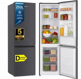 Heinner HCNF-HM253INVDGD Koel-vriescombinatie – 253 L – No Frost – Inverter Compressor – Energieklasse D – Instelbare Thermostaat – LED-verlichting – Antracietgrijs – 5 Jaar Garantie