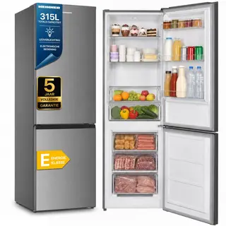 Heinner HC-HM315XE++ Koel-vriescombinatie – 315 L – Energieklasse E – Instelbare Thermostaat – LED-verlichting – Omkeerbare Deur – RVS – 5 Jaar Garantie