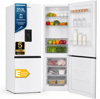 Heinner HC-HM313WDE++ Koel-vriescombinatie met Waterdispenser – 313 L – Energieklasse E – Instelbare Thermostaat – LED-verlichting – Omkeerbare Deur – Wit – 5 Jaar Garantie