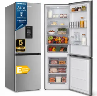 Heinner HC-HM313XWDE++ Koel-vriescombinatie met Waterdispenser – 313 L – Energieklasse E – Elektronische Bediening met Instelbare Thermostaat – LED-verlichting – Omkeerbare Deur – 5 Jaar Garantie
