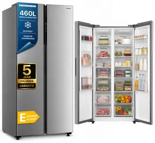 Heinner HSBS-M460NFINVXE++ American Side-by-Side Koelkast – 460 L – Total No Frost – Inverter Compressor – Energieklasse E – Touchbediening – Super Cooling – Super Freeze – Open-deur Alarm – Kinderslot – RVS – 5 Jaar Garantie