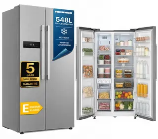 Heinner HSBS-M548NFINVXE++ American Side-by-Side Koelkast – 548 L – Total No Frost – Inverter Compressor – Energieklasse E – Touchbediening – Super Cooling – Super Freeze – Holiday-functie – Open-deur Alarm – RVS – 5 Jaar Garantie