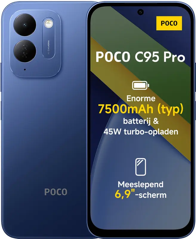 Xiaomi POCO C95 Pro - 6GB RAM - 128GB - Blue - 7500mAh batterij met 45W turbo-opladen - Aangedreven door 45W turbo-opladen - Meeslepend 6.9" display