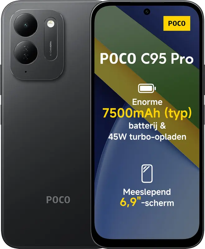 Xiaomi POCO C95 Pro - 6GB RAM - 128GB - Black - 7500mAh batterij met 45W turbo-opladen - Aangedreven door 45W turbo-opladen - Meeslepend 6.9" display