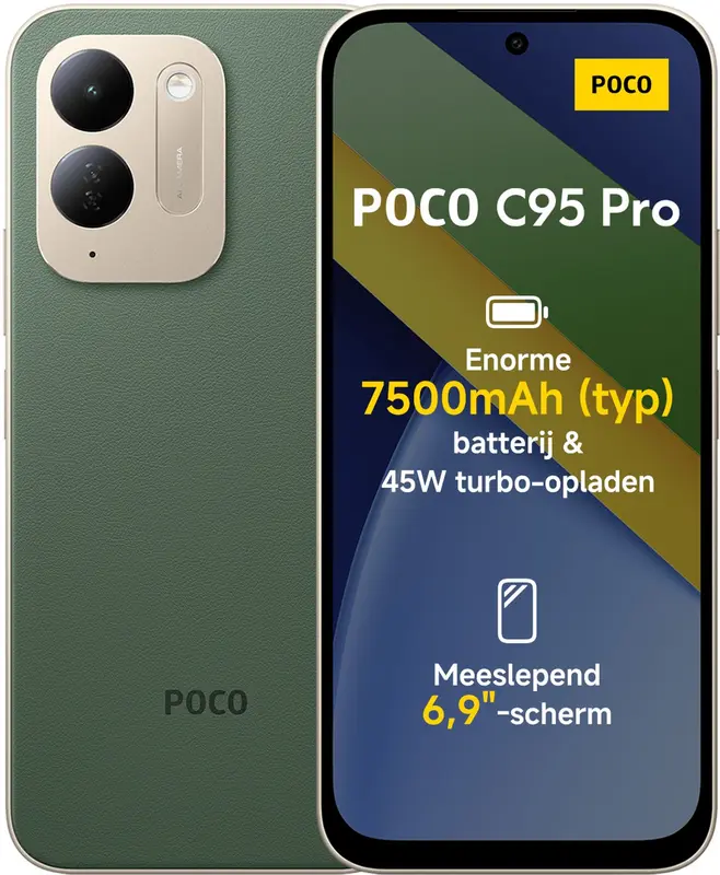 Xiaomi POCO C95 Pro - 6GB RAM - 128GB - Green - 7500mAh batterij met 45W turbo-opladen - Aangedreven door 45W turbo-opladen - Meeslepend 6.9" display