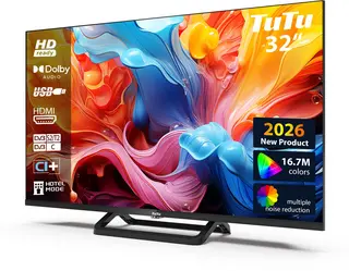 TuTu Standaard TV - LED HD - 32 inch/82 cm - Frameless Design - Enkelvoudige standaard - Tripple Tuner DVB-T/T2/S/S2/C - HDMI x3, USB x2, CI+ - In Eindhoven geassembleerd - TUB32HN1NC