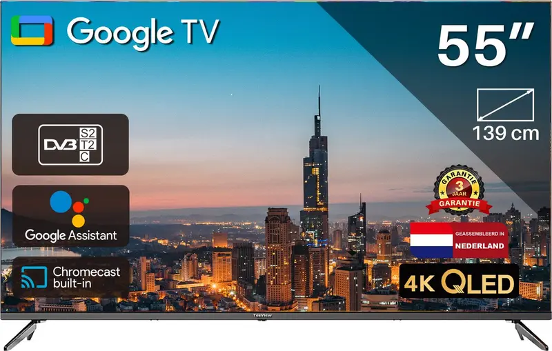 Google Smart TV | TeeView QLED TV 55 inch | 4K Ultra HD | Frameless Design | in Eindhoven geassembleerd | TV55QQG-EU