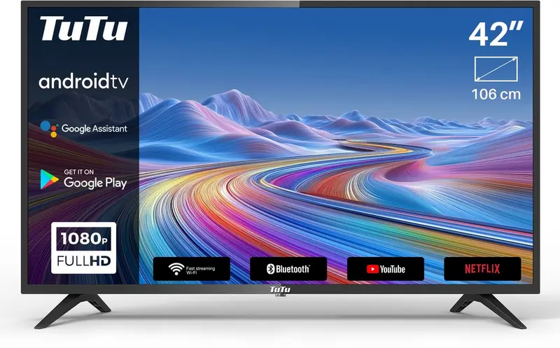 TuTu Android Smart TV - LED Full HD - 42 inch/108 cm - Voice Controle & Streaming apps - HDMI x3, USB x2, CI+ - Tripple Tuner DVB-T/T2/S/S2/C - Frameless Design - Geassembleerd in Eindhoven - TUG42FD1