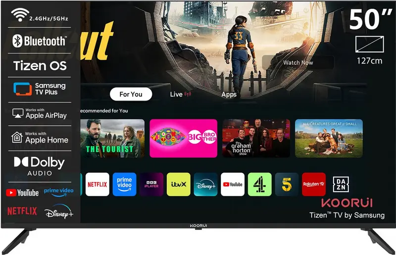 Koorui Smart TV - Tizen OS - QLED 4K Ultra HD - 50 inch/127 cm - Voice Controle - Streaming apps – AirPlay – Controle Mode - HDMI x3, USB x2, CI+ - Tripple Tuner DVB-T/T2/S/S2/C - Frameless Design - Geassembleerd in Nederland - K50Q1UQ-T8