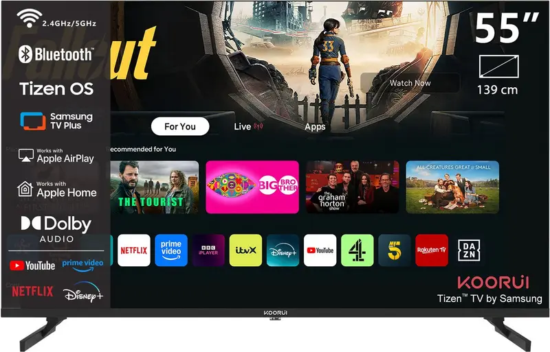 Koorui Smart TV - Tizen OS - QLED 4K Ultra HD - 55 inch/140 cm - Voice Controle - Streaming apps – AirPlay – Controle Mode - HDMI x3, USB x2, CI+ - Tripple Tuner DVB-T/T2/S/S2/C - Frameless Design - Geassembleerd in Nederland - K55Q1UQ-T8