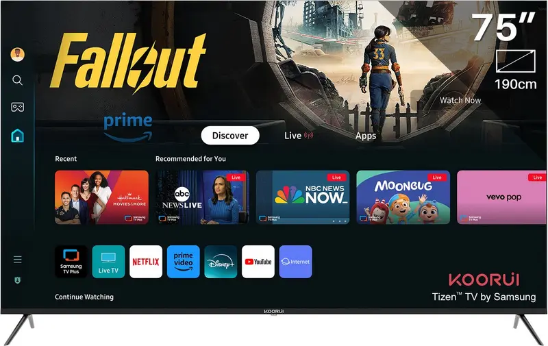 Koorui Tizen by Samsung Smart TV - QLED 4K Ultra HD - 75 inch/191 cm - Voice Controle - Streaming apps – AirPlay – Hotelmodus - HDMI x3, USB x2, CI+ - Tripple Tuner DVB-T/T2/S/S2/C - Frameless Design - Geassembleerd in Nederland - K75D5UQ-T8