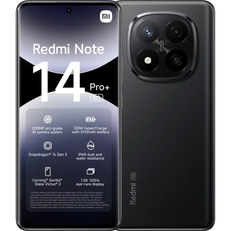 XIAOMI Redmi Note 14 Pro+ - 5G - 512GB - Midnight Zwart - 512 GB Zwart - 512 GB Zwart