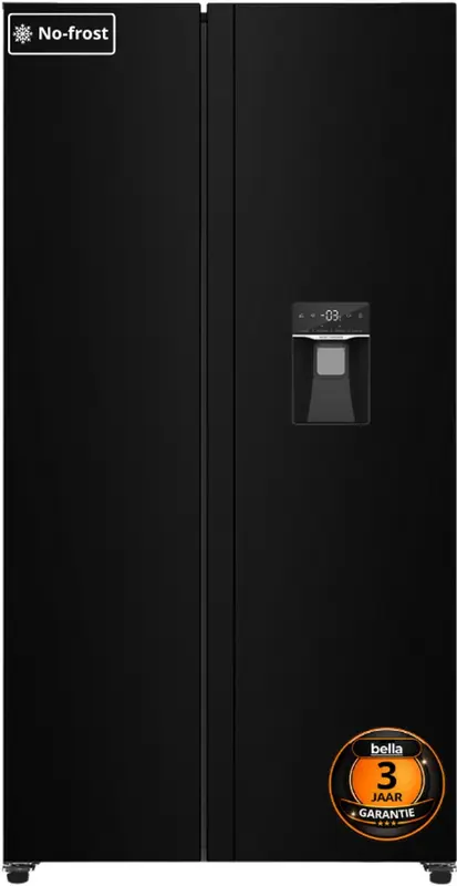 Bella BSBS-455.1WBE - Amerikaanse koelkast - 3 jaar garantie - Waterdispenser - Display - Zwart