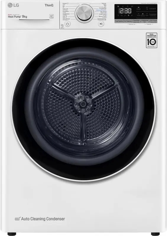 LG RH90V5AV6N warmtepompdroger 9 kg met Inverter Heat Pump voor energiezuinig en gelijkmatig drogen, Sensor Dry stopt automatisch bij droog, Allergy Care en stille werking. Energieklasse A++