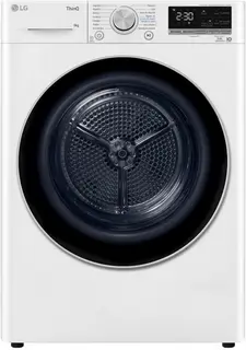LG RH90V9AV3N warmtepompdroger 9 kg met Dual Inverter Heat Pump voor sneller en energiezuinig drogen - Sensor Dry stopt automatisch bij droog - Auto Cleaning Condenser en ThinQ slimme bediening. Energieklasse A+++
